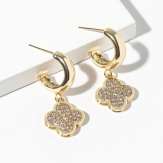 Gold Dipped CZ Stone Paved Quatrefoil Drop Dangle Mini Hoop Earrings