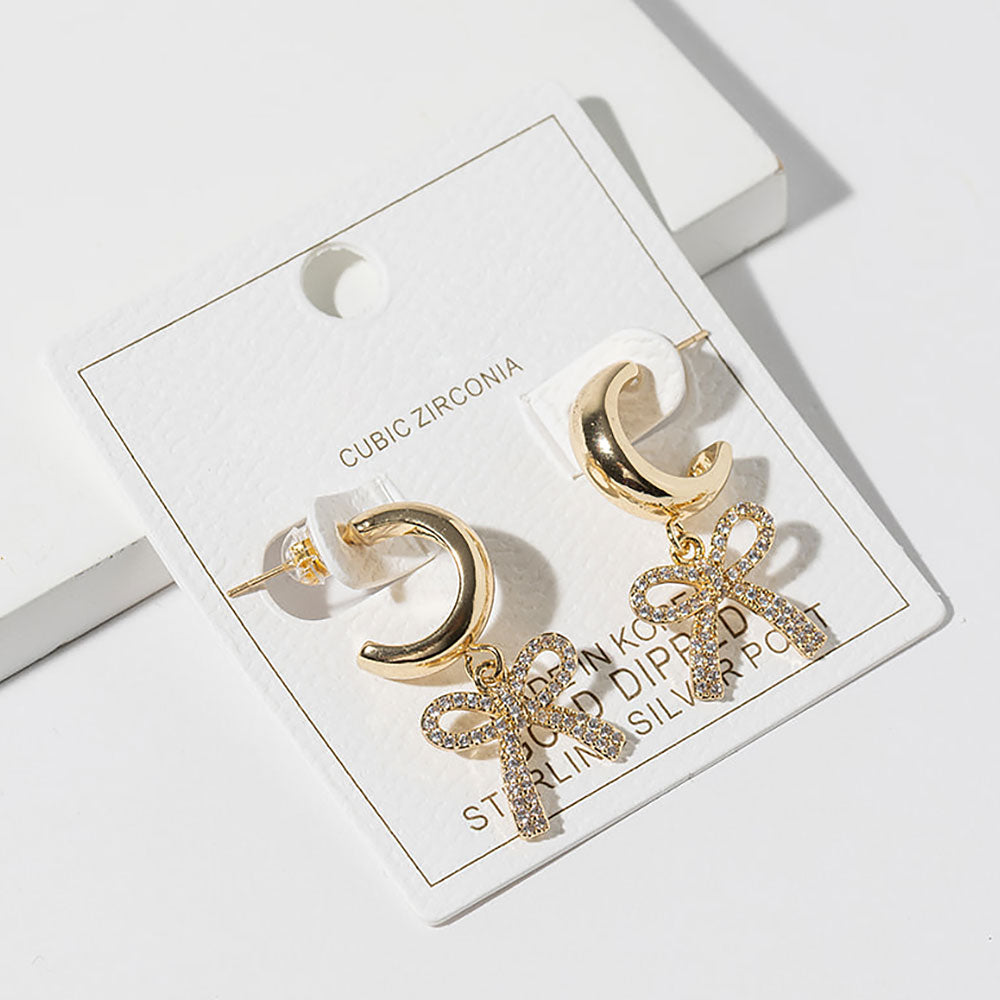 Gold Dipped CZ Stone Paved Bow Drop Dangle Mini Hoop Earrings