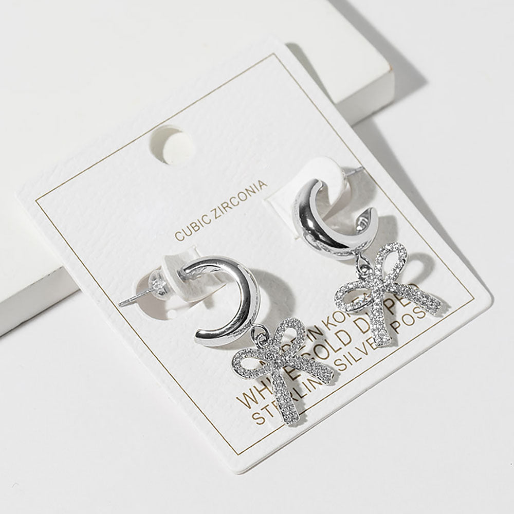 White Gold Dipped CZ Stone Paved Bow Drop Dangle Mini Hoop Earrings