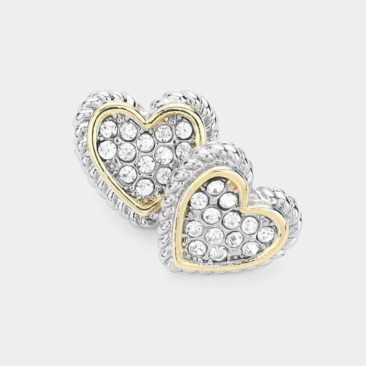 14K Gold Plated Two Tone Heart Stud Earrings-M H W ACCESSORIES - M H W ACCESSORIES LLC