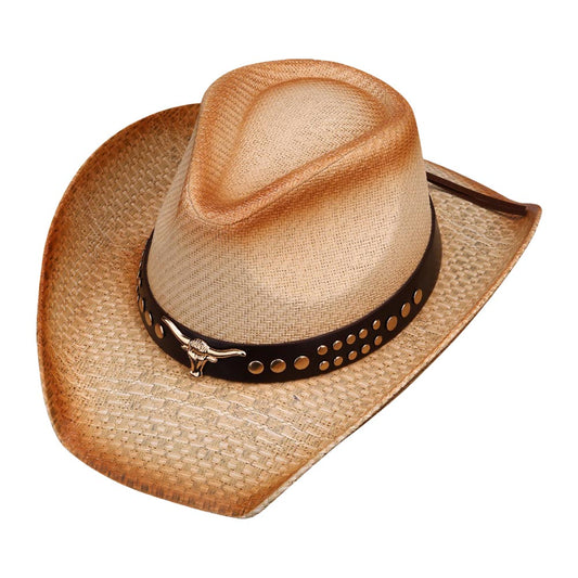 Metal Steer Head Pointed Faux  Neutral Leather Band Western Straw Cowboy Fedora Hat - M H W ACCESSORIES LLC