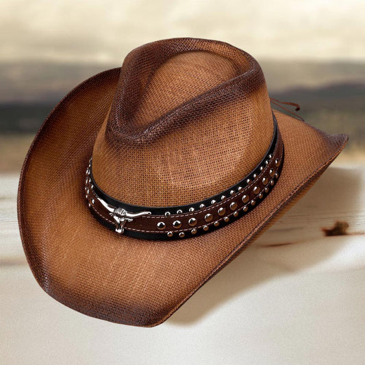 Metal Steer Head Pointed Faux  Tan Leather Band Western Straw Cowboy Fedora Hat - M H W ACCESSORIES LLC