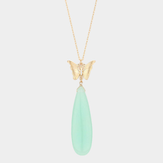 Mint Butterfly Natural Stone Teardrop Link Pendant Long Necklace - M H W ACCESSORIES LLC