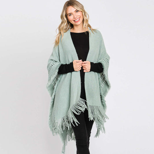 Mint Fringe Cut Out Knit Ruana Poncho - M H W ACCESSORIES LLC