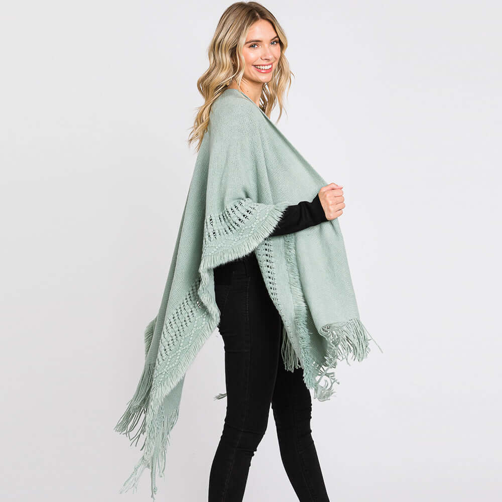 Mint Fringe Cut Out Knit Ruana Poncho - M H W ACCESSORIES LLC