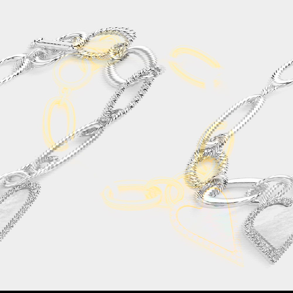 Mother Of Pearl Heart Charm 14K Gold Plated Two Tone Metal Link Toggle Bracelet - M H W ACCESSORIES LLC