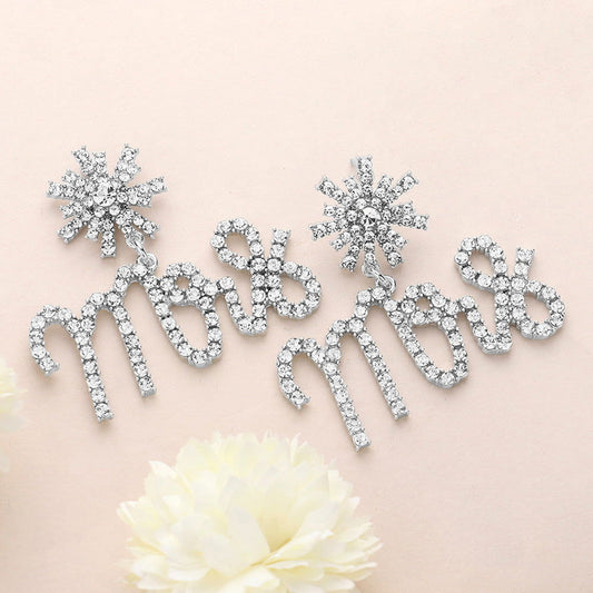 Mrs Rhinestone Embellished Message Silver Dangle Earrings - M H W ACCESSORIES LLC