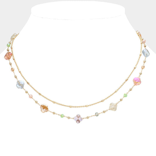 Multi-Color Faceted Quatrefoil Beaded Station Layered Chain Necklace - M H W ACCESSORIES LLC