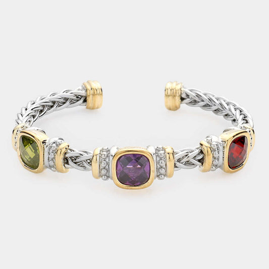 Multi CZ Cushion Square Stone Accented Cuff Bracelet - M H W ACCESSORIES LLC