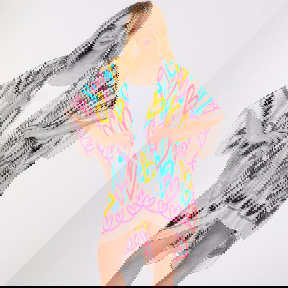 Multi Colored Heart Print Silky Feel Kimono Poncho - M H W ACCESSORIES LLC