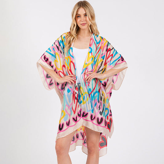 Multi Colored Heart Print Silky Feel Kimono Poncho - M H W ACCESSORIES LLC