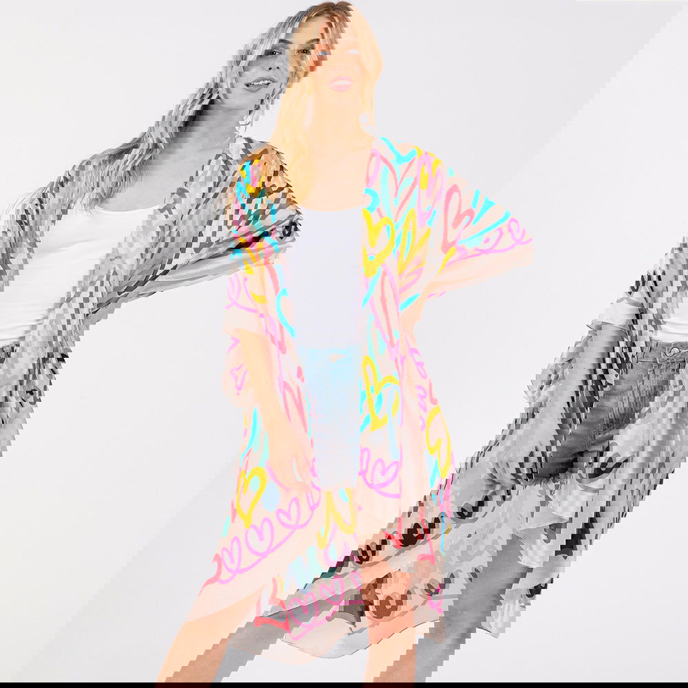 Multi Colored Heart Print Silky Feel Kimono Poncho - M H W ACCESSORIES LLC
