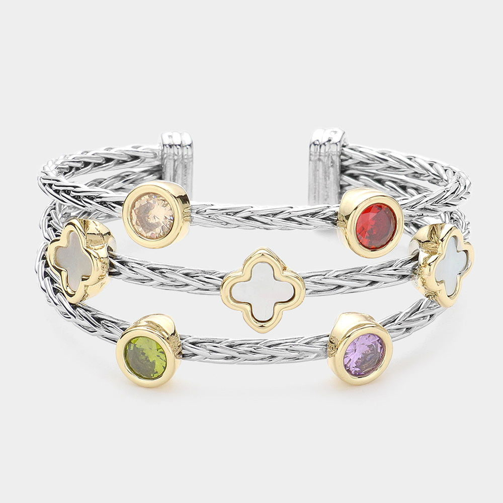 Multi Colorful CZ Bezel Quatrefoil Pointed Split Cuff Bracelet - M H W ACCESSORIES LLC