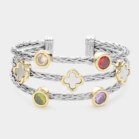 Multi Colorful CZ Bezel Quatrefoil Pointed Split Cuff Bracelet - M H W ACCESSORIES LLC