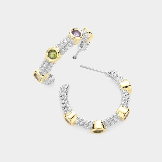 Multi Two-Tone Rhinestone Metal Hoop Earrings-M H W ACCESSORIES - M H W ACCESSORIES LLC