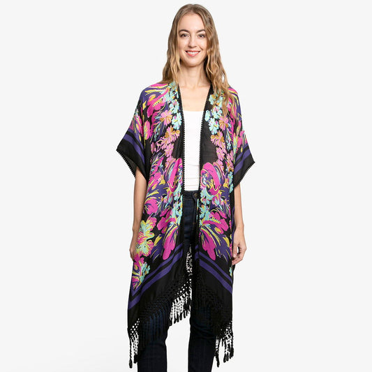 Navy Floral Patterned Lace Cover Up Kimono Poncho - M H W ACCESSORIES LLC
