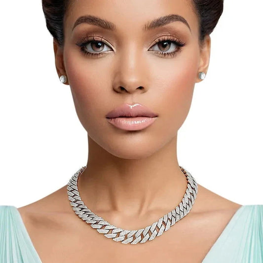 Necklace Silver Iced Cuban Chain Set Women - M H W ACCESSORIES LLC