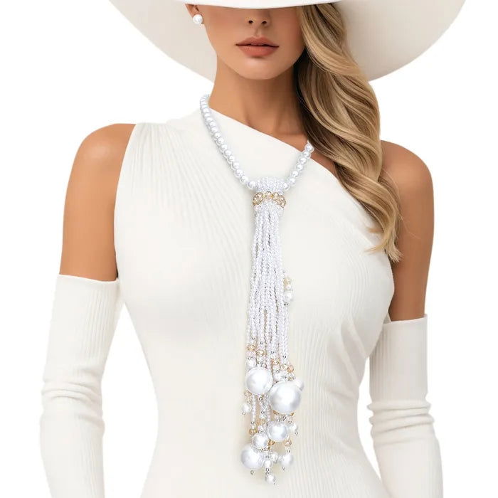 Necklace White Pearl Long Tassel Set for Women - M H W ACCESSORIES LLC