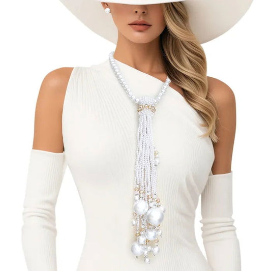 Necklace White Pearl Long Tassel Set for Women - M H W ACCESSORIES LLC