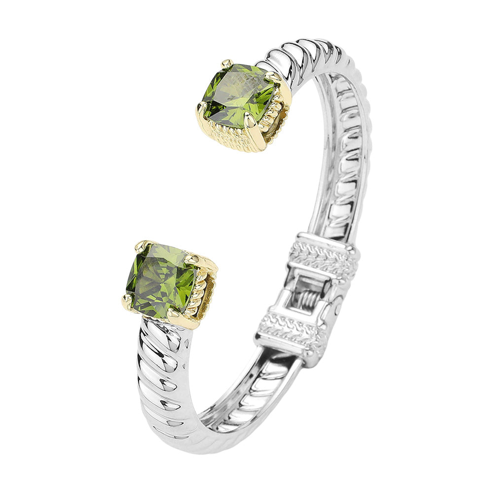 Olive Green CZ Stone Paved Square Tip Two-Tone Twisted Metal Hinged Cuff Bracelet - M H W ACCESSORIES LLC