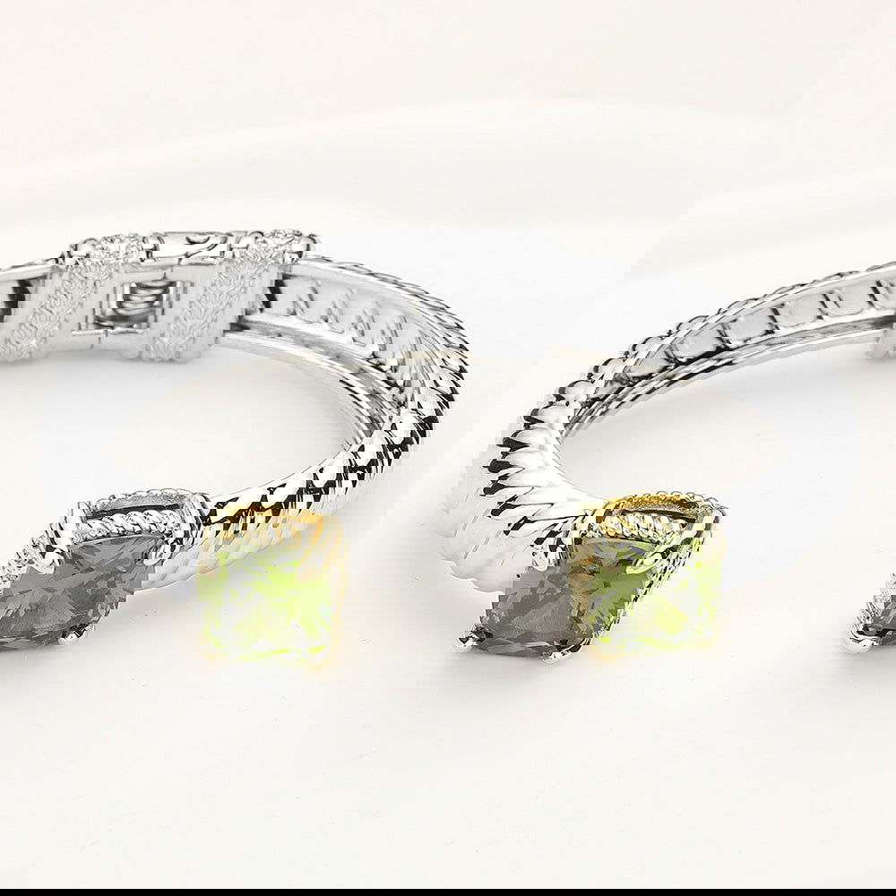 Olive Green CZ Stone Paved Square Tip Two-Tone Twisted Metal Hinged Cuff Bracelet - M H W ACCESSORIES LLC