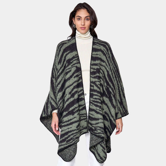 Olive Green Zebra Patterned Ruana Poncho - M H W ACCESSORIES LLC