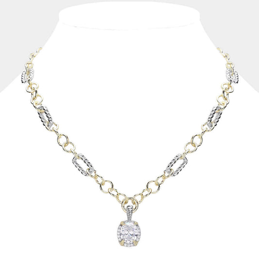 Oval CZ Pendant 14K Gold Plated Two Tone Chunky Necklace - M H W ACCESSORIES LLC