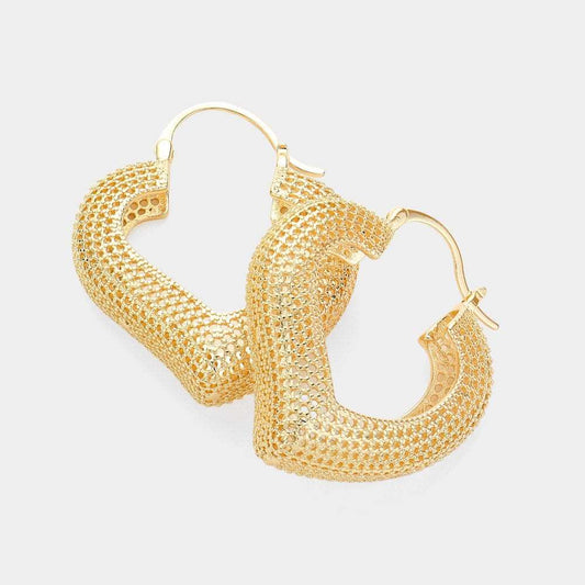 Gold Textured Metal Heart Hoop Pin Catch Earrings for Women - M H W ACCESSORIES LLC