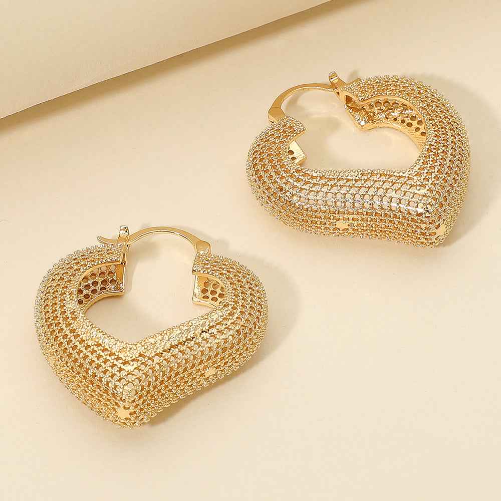 Gold Textured Metal Heart Hoop Pin Catch Earrings for Women
