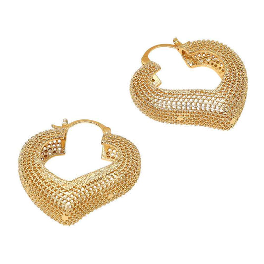 Gold Textured Metal Heart Hoop Pin Catch Earrings for Women