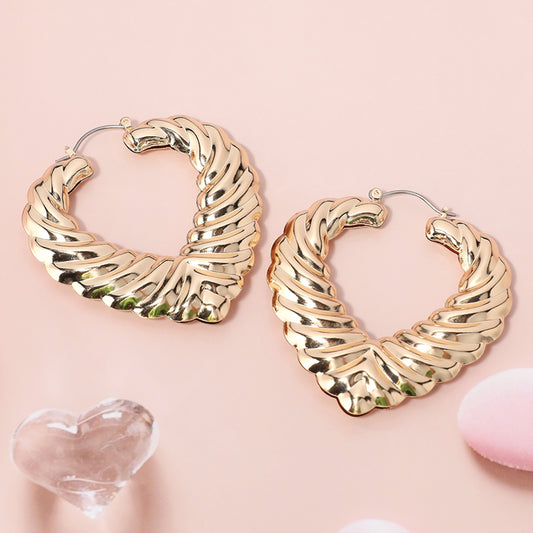 Gold Textured Metal Heart Hoop Pin Catch Earrings