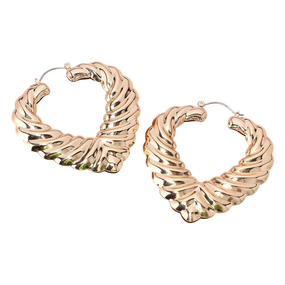 Gold Textured Metal Heart Hoop Pin Catch Earrings