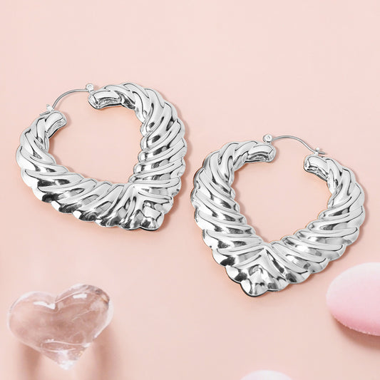 Silver Textured Metal Heart Hoop Pin Catch Earrings