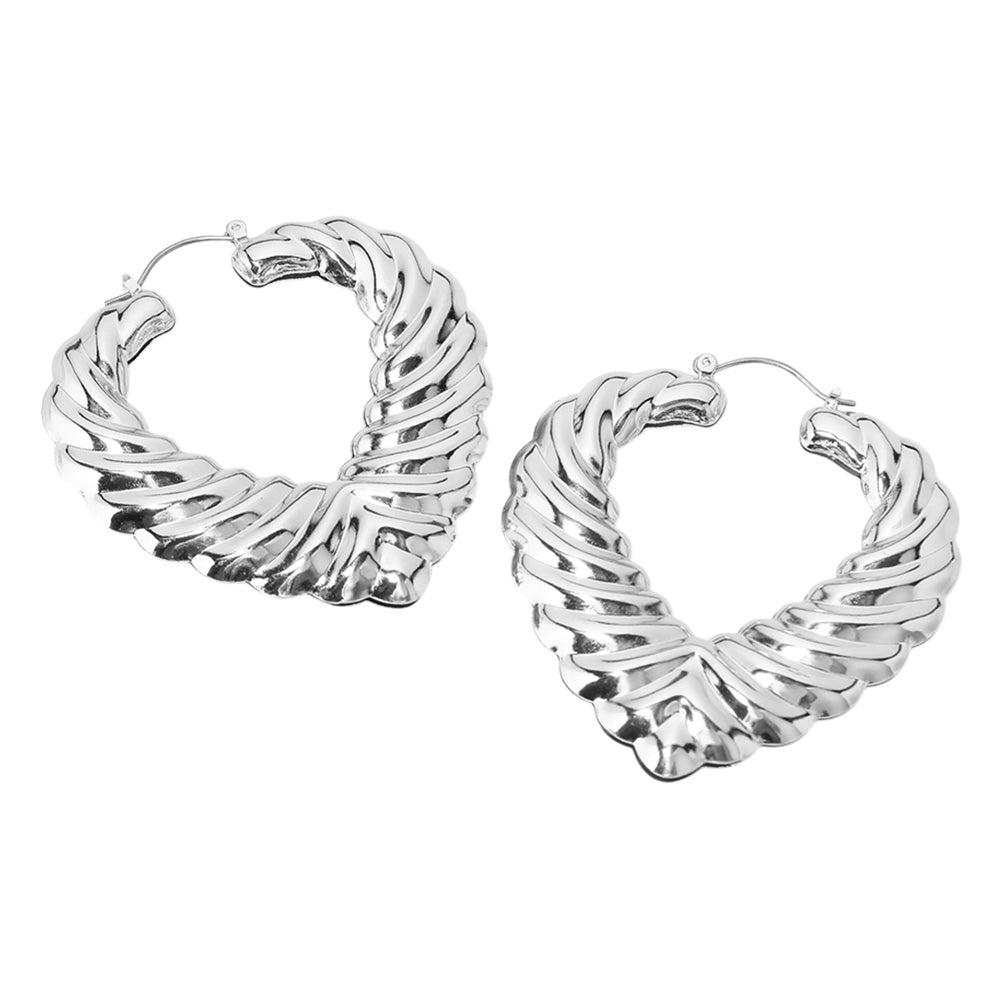 Silver Textured Metal Heart Hoop Pin Catch Earrings