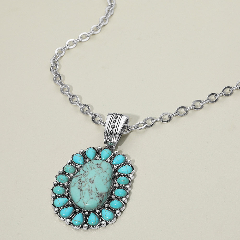 Bold Western Silver Burnished Oval Pendant Statement Necklace