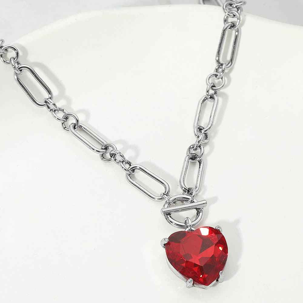 Antique Silver Red Chunky Heart Stone Cluster Toggle Pendant Necklace