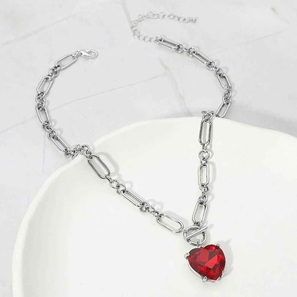 Antique Silver Red Chunky Heart Stone Cluster Toggle Pendant Necklace