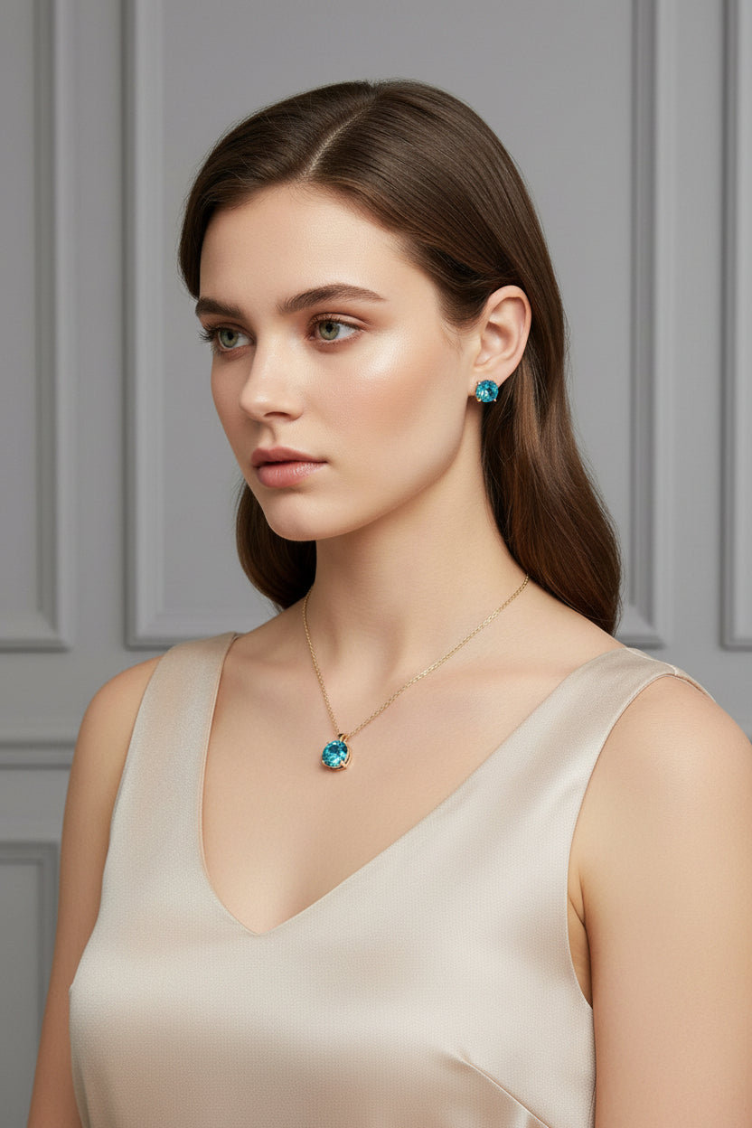 18K Gold Dipped Round Teal Pendant Necklace for Women M H W ACCESSORIES LLC 18K Gold Dipped Round Teal Pendant Necklace for Women