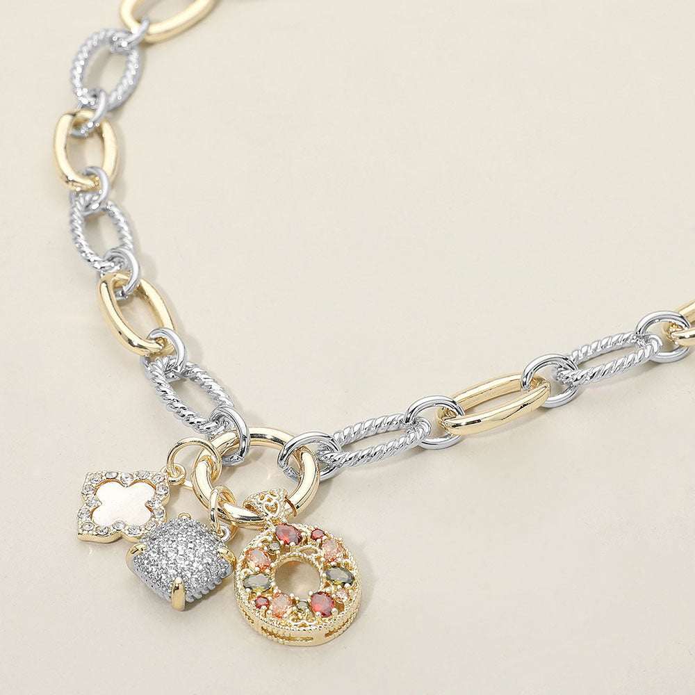 14K Gold Plated Two Tone CZ Stone Square Ring Mother of Pearl Quatrefoil Charm Pendant Chunky Textured Oval Link Necklace M H W ACCESSORIES LLC 14K Gold Plated Two Tone CZ Stone Square Ring Mother of Pearl Quatrefoil Charm Pendant Chunky Textured Oval Link Necklace