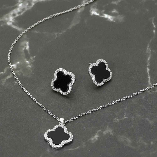 Stainless Steel Stone Rim Black Quatrefoil Pendant Necklace