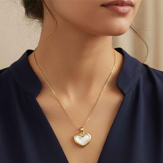 14K Gold Dipped CZ Stone Rim Mother of Pearl Heart Pendant Necklace