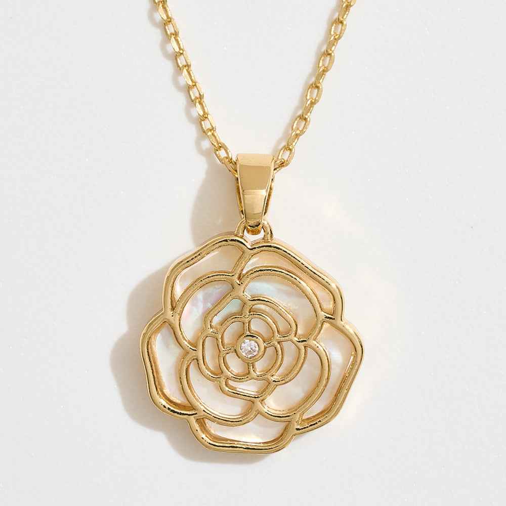 14K Gold Dipped CZ Stone Accent Mother of Pearl Rose Pendant Necklace