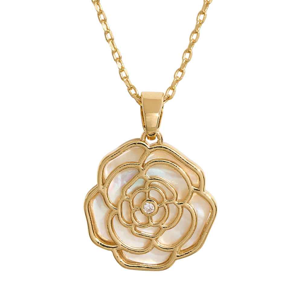 14K Gold Dipped CZ Stone Accent Mother of Pearl Rose Pendant Necklace