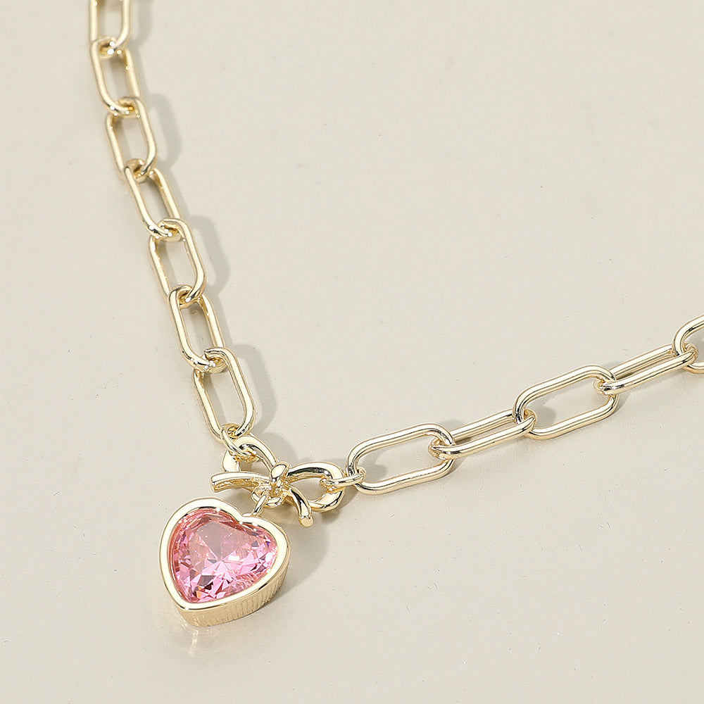 14K Gold Plated Bow Top Heart CZ Bezel Pendant Necklace
