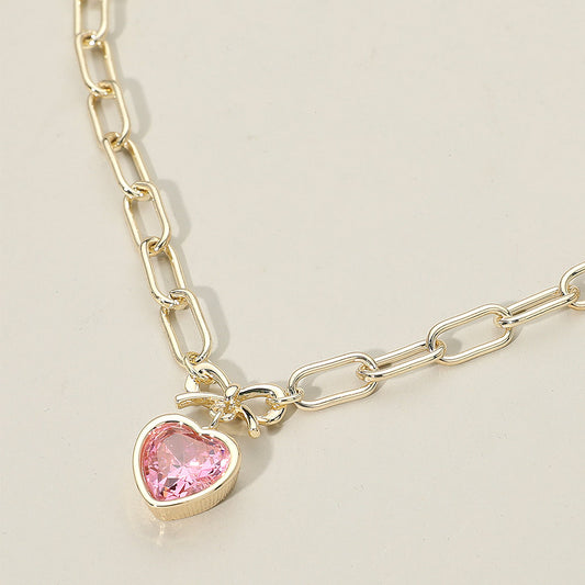 14K Gold Plated Bow Top Heart CZ Bezel Pendant Necklace