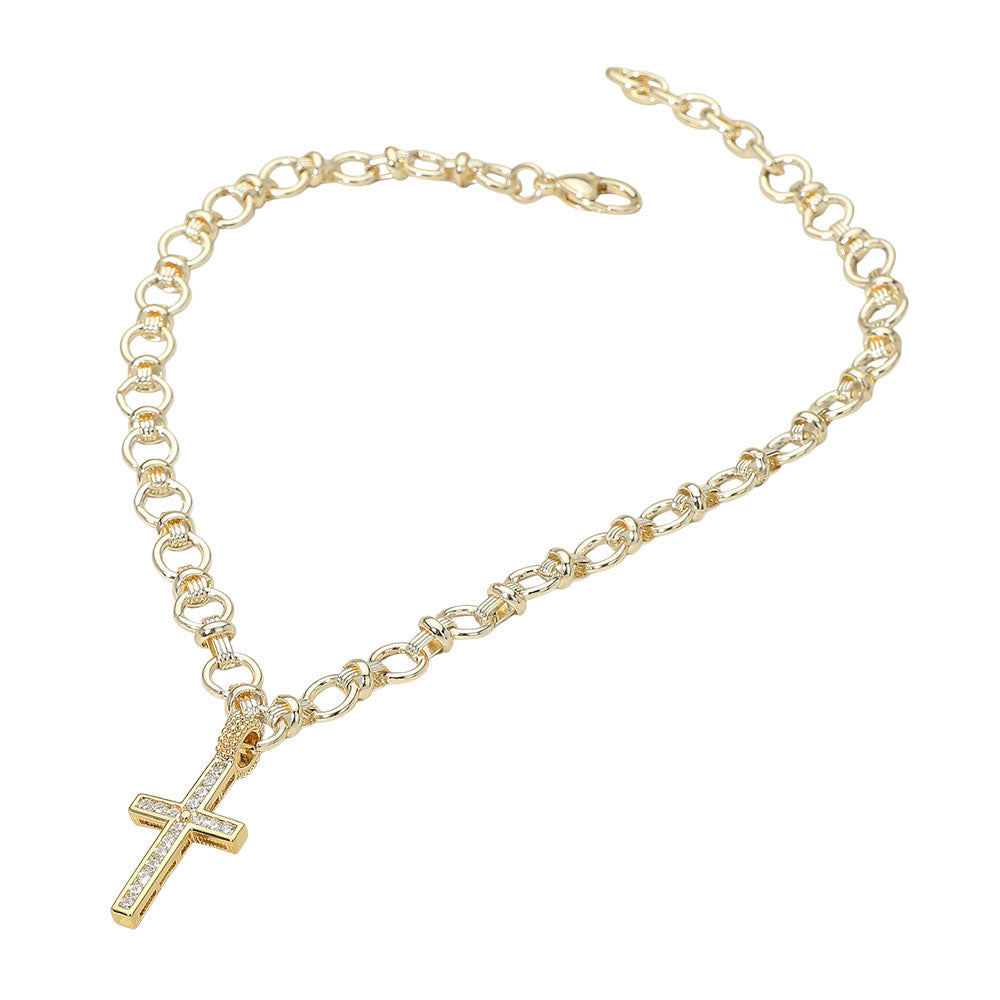14K Gold Plated CZ Stone Paved Cross Pendant Chunky Circle Link Chain Necklace