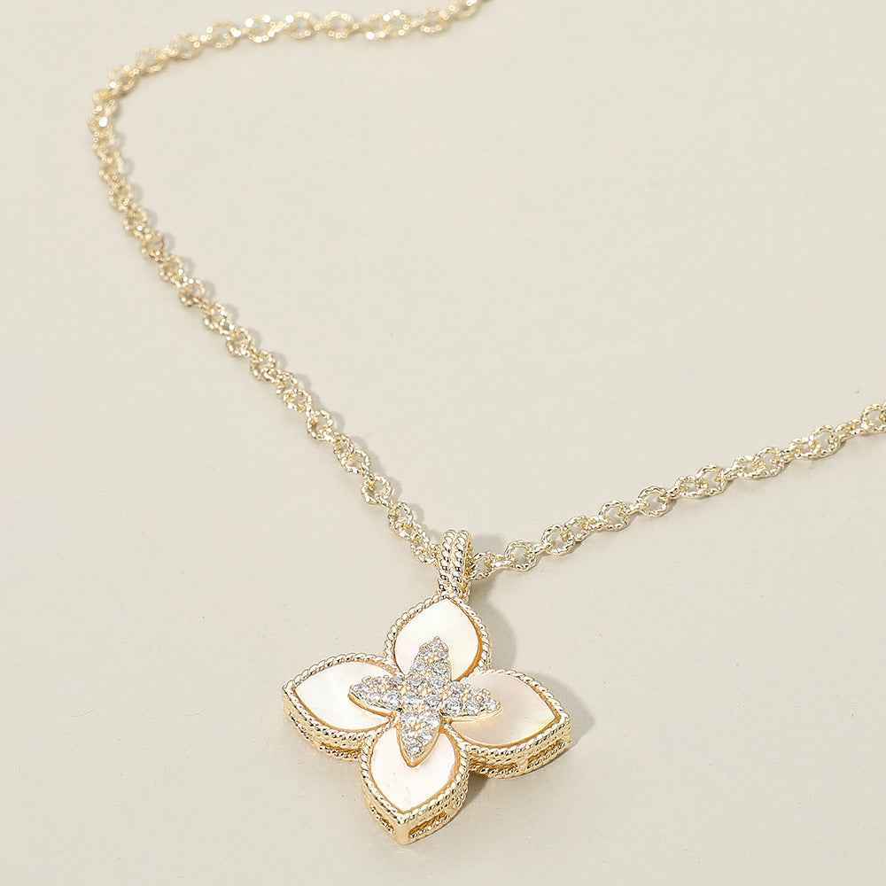 14K Gold Plated CZ Stone Pointed Mother Of Pearl Clover Pendant Necklace
