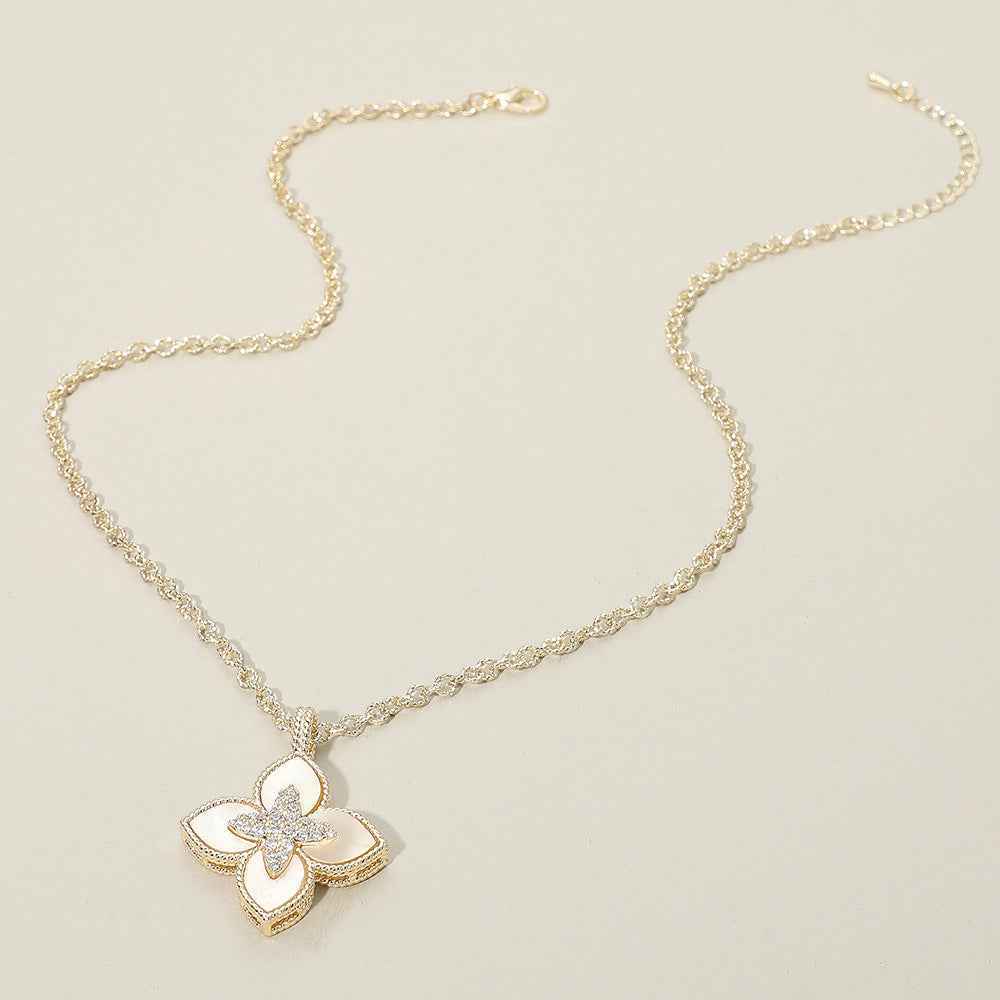 14K Gold Plated CZ Stone Pointed Mother Of Pearl Clover Pendant Necklace