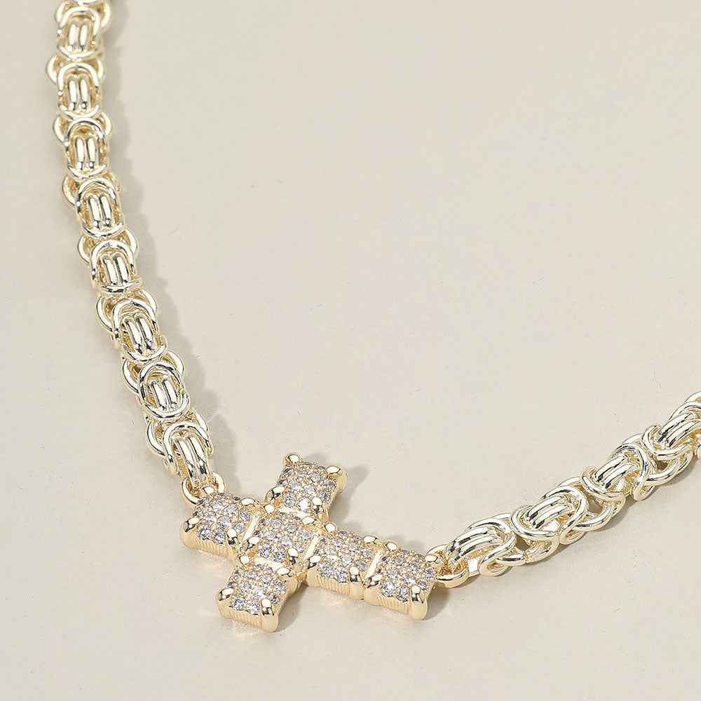 14K Gold Plated CZ Stone Paved Cross Accent Abstract Chain Necklace