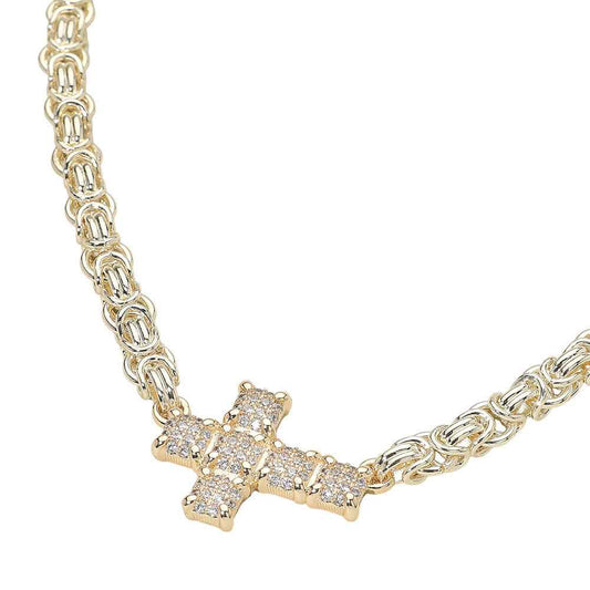 14K Gold Plated CZ Stone Paved Cross Accent Abstract Chain Necklace